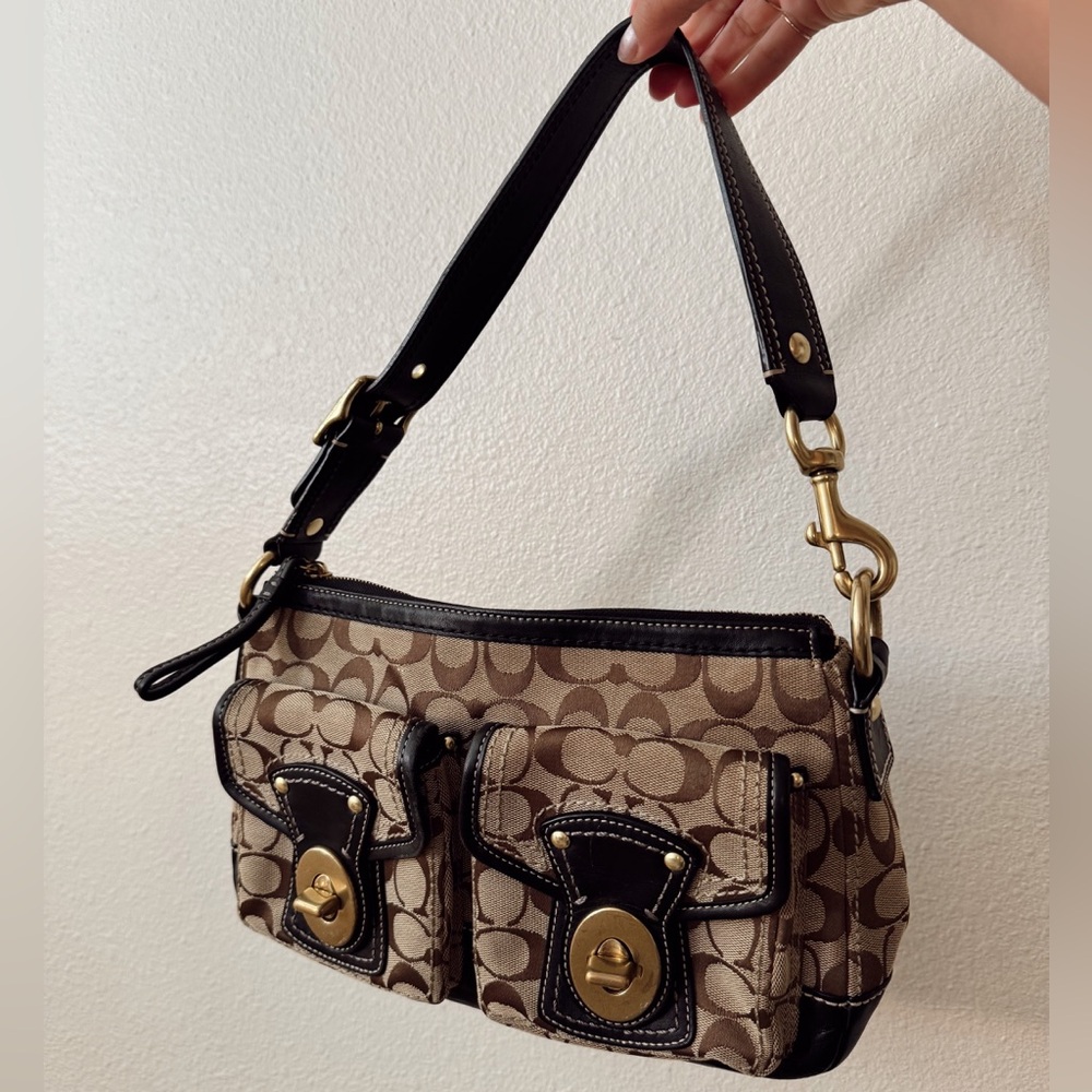 COACH Legacy F12869 Y2K Turnlock Shoulder Bag Signature Canvas Leather